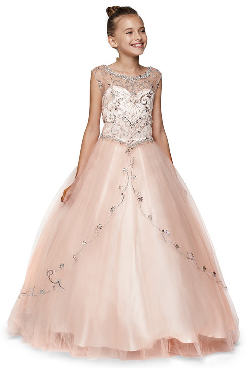 Girls Hand Beaded Rhinestone Bateau Neckline Pageant Dress 2-20